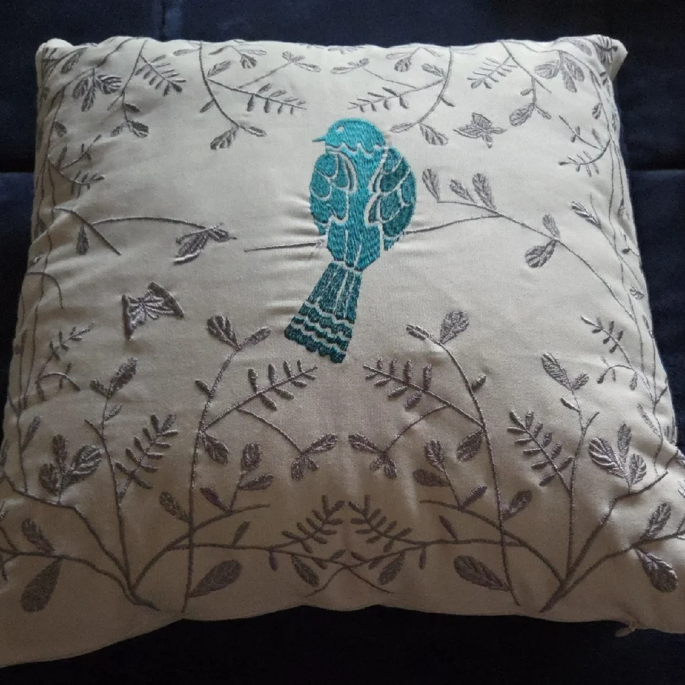 Teal Bird Embroidered Pillow